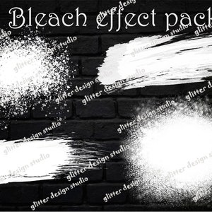 May include: Four white bleach effect overlays on a black brick background. The overlays are a splatter effect, a brush stroke, and two more splatter effects. The text "Bleach effect pack" is at the top of the image.