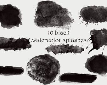 Black watercolor splash clipart, watercolor brush strokes, black watercolor splashes, splash clip art, watercolor splotches, watercolor logo