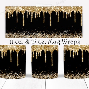 May include: Three white ceramic mugs with black and gold glitter designs. The mugs are 11 oz. and 15 oz. and feature a dripping gold glitter design.