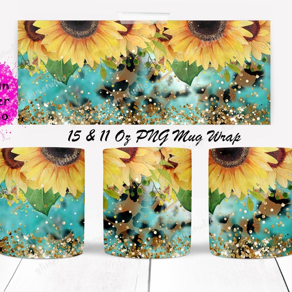 Leopard Mug Sublimation Design,Sunflower mug wrap,Western Mug Wrap Design,Coffee Mug Template,Printable 11 oz. & 15 oz. Mug Sublimation Wrap