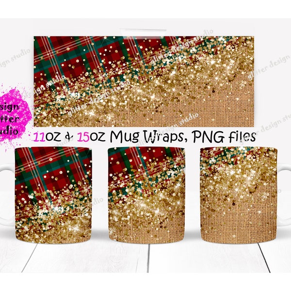 Half Burlap and Buffalo plaid Mug Sublimation Design,Glitter mug wrap,Christmas Mug Design,Coffee Mug Template,Digital Ceramic Mug Wraps PNG