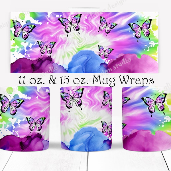 Butterfly Mug Sublimation Design,Tie Dye mug wrap,Kids Mug Wrap Design,Tea Mug Template,Printable Colorful 11 oz. & 15 oz. Mug Sublimation