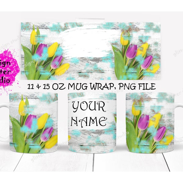 Tulips Ceramic Mug Design Sublimation,Wood 11Oz & 15Oz PNG Mug Templates,Full Mug Wrap Decal Sublimation,Cricut Mug Press Designs Wrap PNG