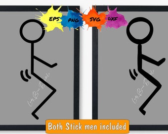 May include: Two black stick figure illustrations, both with a leg bent at the knee and a foot pointing up. The figures are in a black frame on a gray background. The text "Both Stick men included" is below the frame.