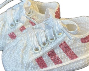 Crochet Baby Sneakers – Personalized Baby Shoes – Baby Booties – Glitter or Classic Stripes – Handmade Baby Gift –Newborn – Baby Shower Gift