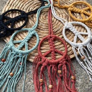 Macrame Peace Sign, Car Mirror Charm, Hippie car decor, Boho for car, Decor for car, Rear View Mirror Hanger, Macrame Boho, Fiber Piece Sign