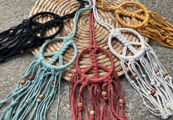 Macrame Peace Sign, Car Mirror Charm, Hippie car decor, Boho for car, Decor for car, Rear View Mirror Hanger, Macrame Boho, Fiber Piece Sign