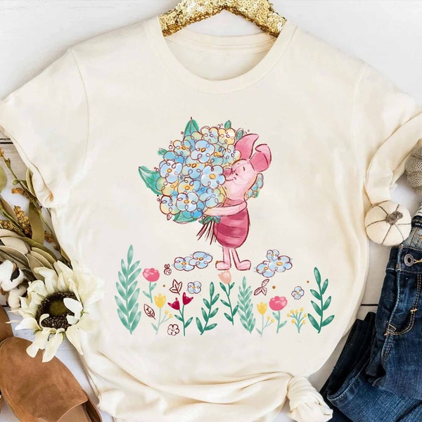 Disney Winnie the Pooh Piglet with Love Flower Retro Shirt, Magic Kingdom WDW Holiday Unisex T-shirt Family Birthday Gift Adult Toddler Tee