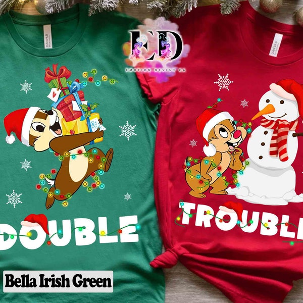 Disney Couple Chip N Dale Double Trouble Christmas Light T-Shirt, Mickey Very Merry Xmas Matching Tee, Disneyland Vacation Holiday Gift