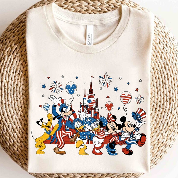 Chemise rétro personnalisée Mickey Mouse et ses amis 4 juillet, t-shirt Disney Independence Day, WDW Magic Kingdom voyage Disneyland cadeau de vacances en famille