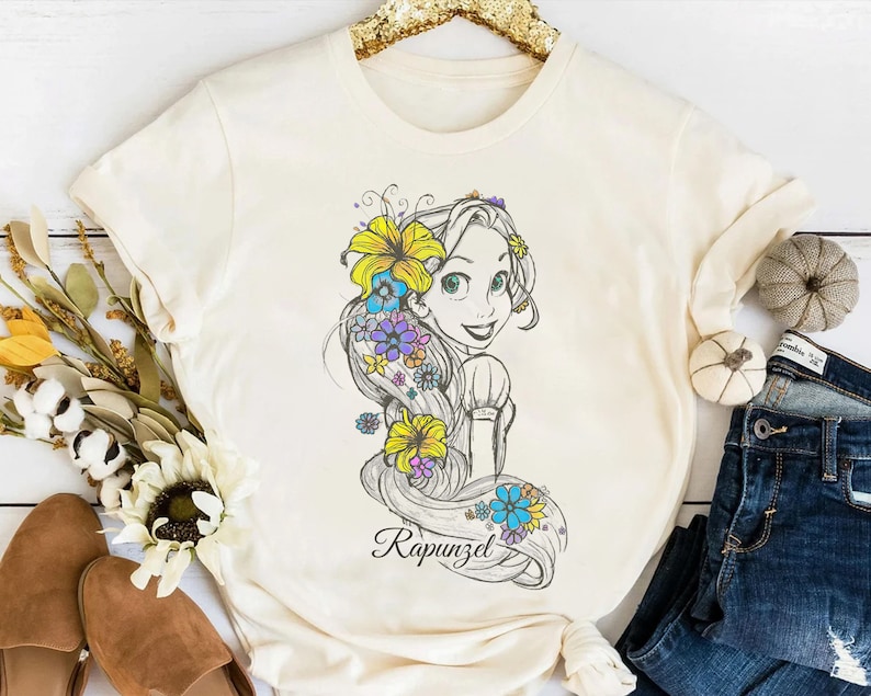 Disney Tangled Rapunzel Floral Sketch Portrait Shirt, Disneyland Vacation Holiday Unisex T-shirt Family Birthday Gift Adult Kid Toddler Tee image 1