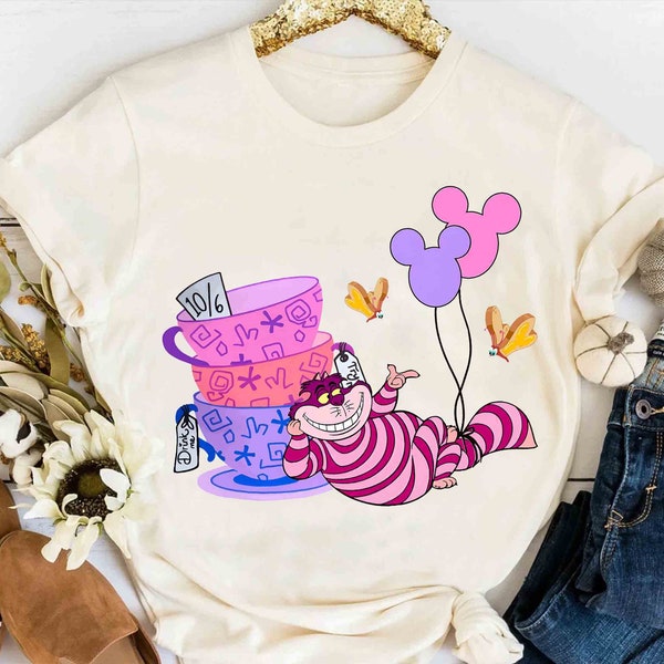 Disney Alice In Wonderland Cheshire Cat Mickey Ears Balloon Tea Cup Shirt, Magic Kingdom Unisex T-shirt Family Birthday Gift Adult Kid Tee