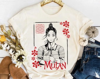 Disney Mulan Movie Floral Ink Portrait Retro Shirt, Magic Kingdom WDW Holiday Unisex T-shirt Family Birthday Gift Adult Kid Toddler Tee