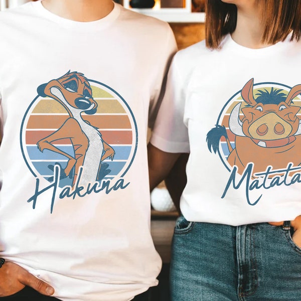 Disney Le Roi Lion Timon Pumbaa Hakuna Matata texte Couples chemise assortie, T-shirt unisexe cadeau d'anniversaire de famille T-shirt enfant adulte enfant