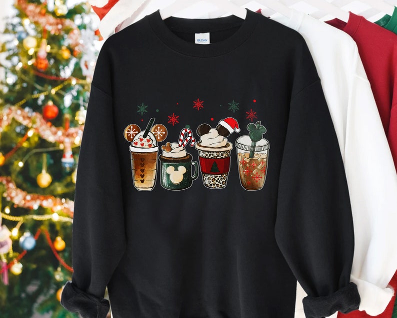 Cute Disney Mickey Minnie Christmas Coffee T-shirt, Christmas Tea Coffee Sweater, Epcot Christmas Tee, Disneyland Vacation Gift Sweatshirt image 3