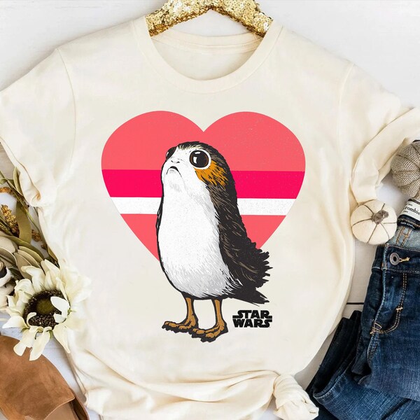 Cute Porg Big Love Heart Valentine's Day T-Shirt, Disney Star Wars Couples Matching Tee, Magic Kingdom Disneyland Vacation Trip Gift