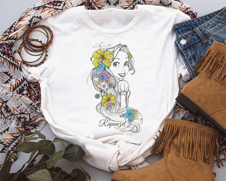 Disney Tangled Rapunzel Floral Sketch Portrait Shirt, Disneyland Vacation Holiday Unisex T-shirt Family Birthday Gift Adult Kid Toddler Tee image 3