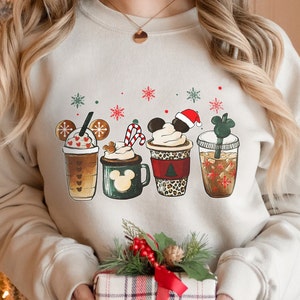 Cute Disney Mickey Minnie Christmas Coffee T-shirt, Christmas Tea Coffee Sweater, Epcot Christmas Tee, Disneyland Vacation Gift Sweatshirt image 1
