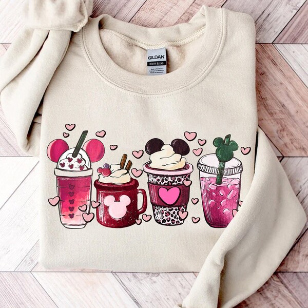 Cute Mickey Mouse Valentine's Day Coffee Tea Sweater, Disney Couples Latte Drink Cup Tee, Love Hearts Epcot Shirt, Disneyland Vacation Gift