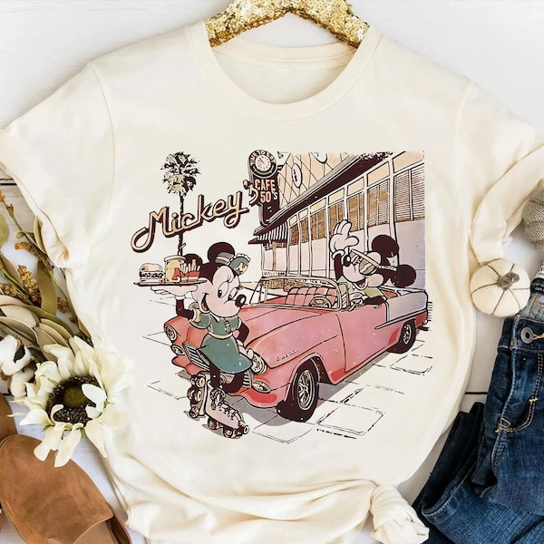 Disney Vintage Mickey Cafe 50s Retro Mickey Mouse & Minne Shirt, Magic Kingdom WDW Unisex T-shirt Family Birthday Gift Adult Kid Toddler Tee
