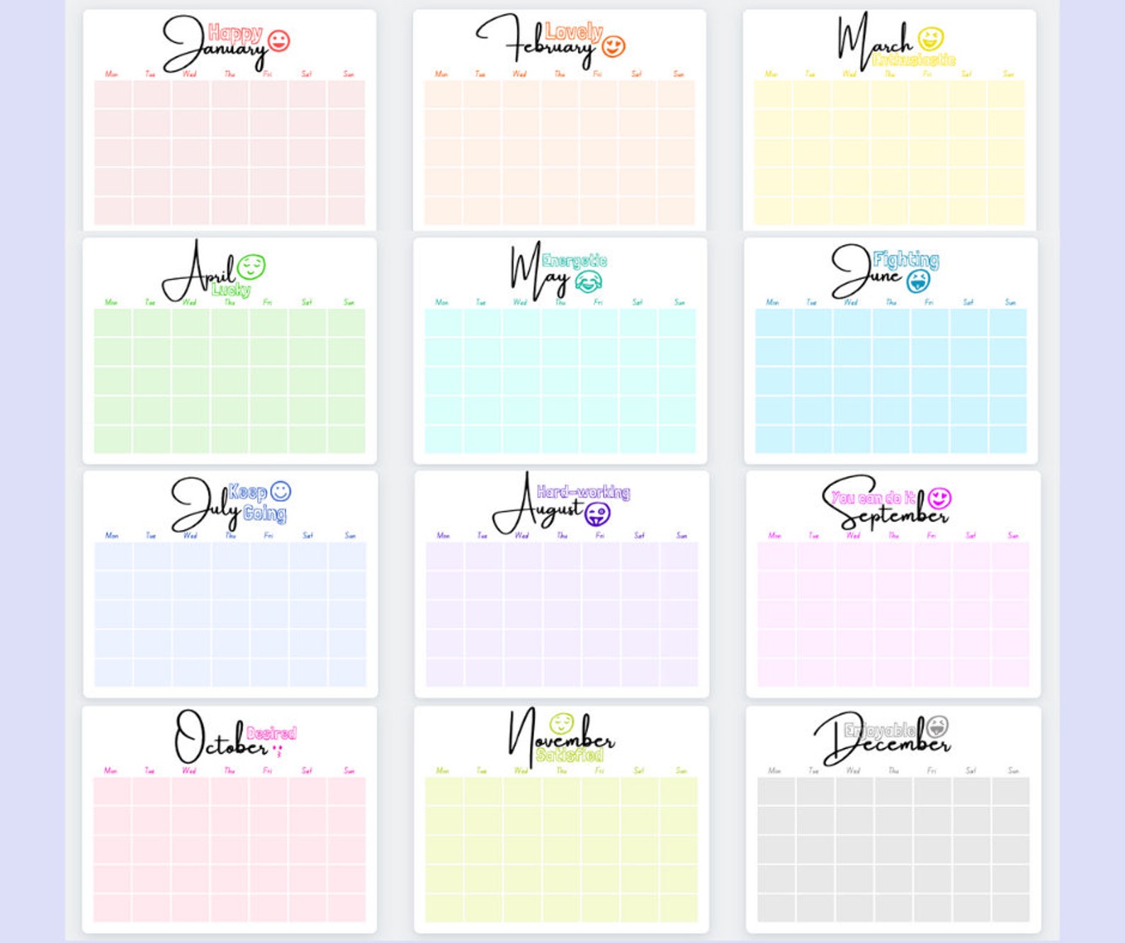 Colorful Monthly Blank Calendar 11 x8.5 inches Printable | Etsy