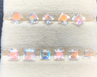 Madagascar Rainbow Moonstone Lot: Faceted Square Gemstones, 5 Carats