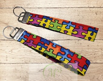 Autism Awareness Fabric Wristlet Key Fob - Puzzle Design