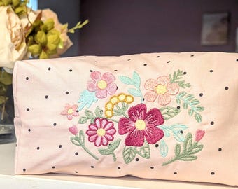 刺繍入り花柄メイクアップバッグ：ピンクの水玉模様トラベルポーチ