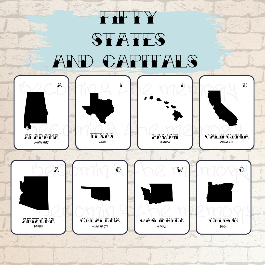 Fifty States and Capitals Flash Cards Print at Home State - Etsy