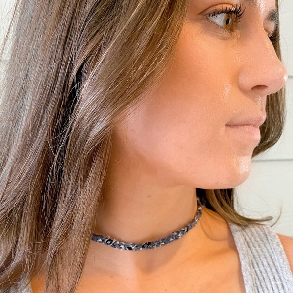 Cameron Choker (Gray), Soft Gray Cotton Braided Choker, OBX, Stainless Steel Clasp, Boho, Women’s Necklace, Beachy Jewelry, Sarah Cameron