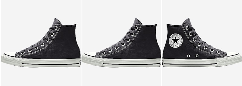 Pu&ograve; includere: Scarpe Converse alte nere con cuciture bianche e suola in gomma bianca. Il logo Converse &egrave; visibile sul lato della scarpa.