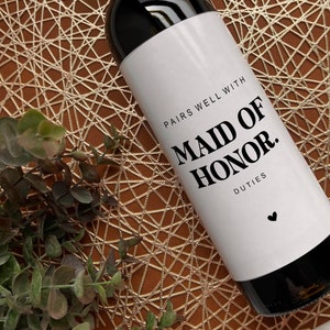 Pairs well with Maid of Honor Duties, Wedding Family Wine Label, To Matron of wedding Gift, Bride to be, Champagne labels