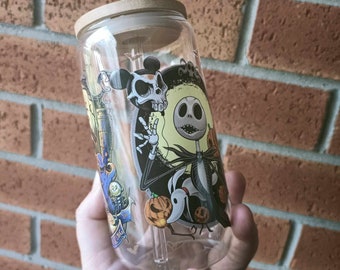 Jack and Sally Iced Coffee Cup: Halloween Soda Can Glass (16 oz)