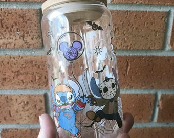 Halloween Blue Alien 16 oz Glass Iced Coffee Cup with Lid and Straw