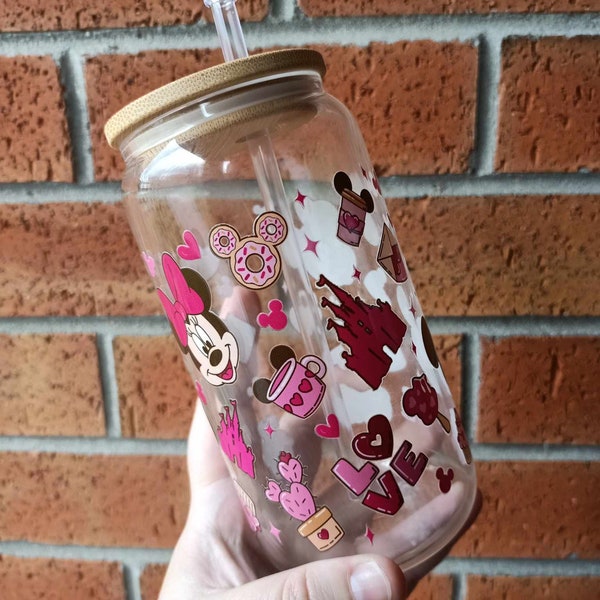 16 oz Glass Cup with lid and straw, Mickey, Minnie, Iced Coffee Cup, Iced Tea Cup, Soda Can Glass, Love Hearts