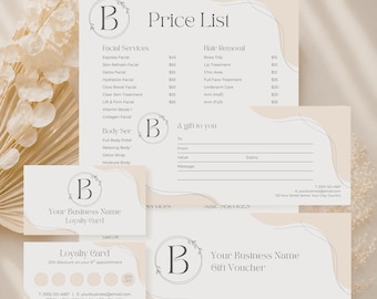 Paquete de plantillas para salones de belleza (editables en Canva) / Lista de precios / Tarjeta de fidelización / Vale regalo / Salón de belleza / Descarga instantánea
