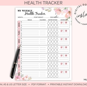 Flower Health Tracker Printable  Wellness Tracker  Fitness Tracker  Food Tracker  Water Tracker  Weight Loss Tracker | Instant Download