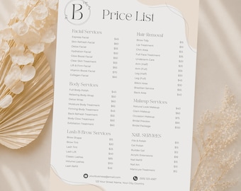 Plantilla editable de lista de precios para salones de belleza en Canva / Salones de belleza y peluquerías / Descarga instantánea