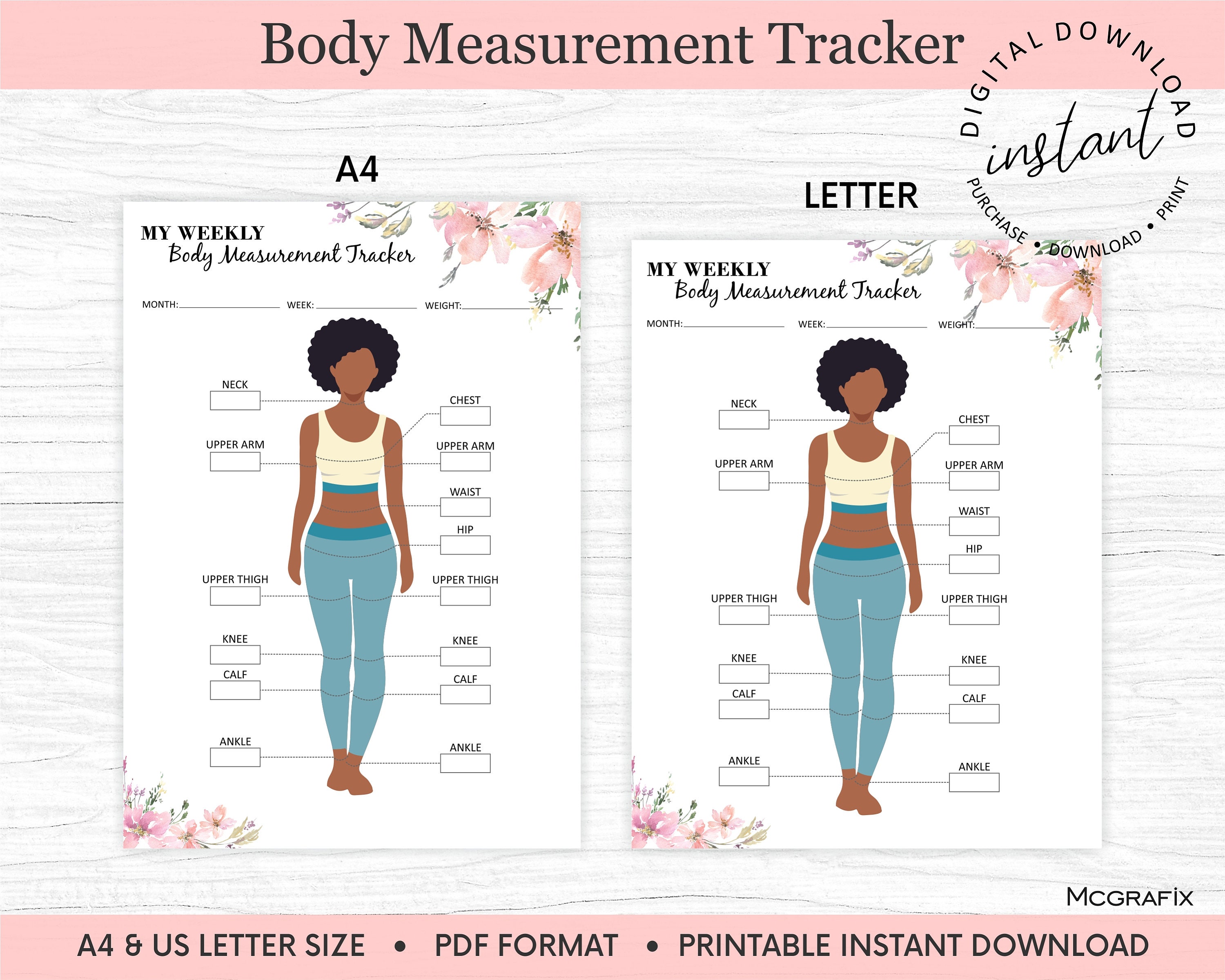 Measurement Tracker Weight Loss Tracker Printable Body Fitness Tracker ...