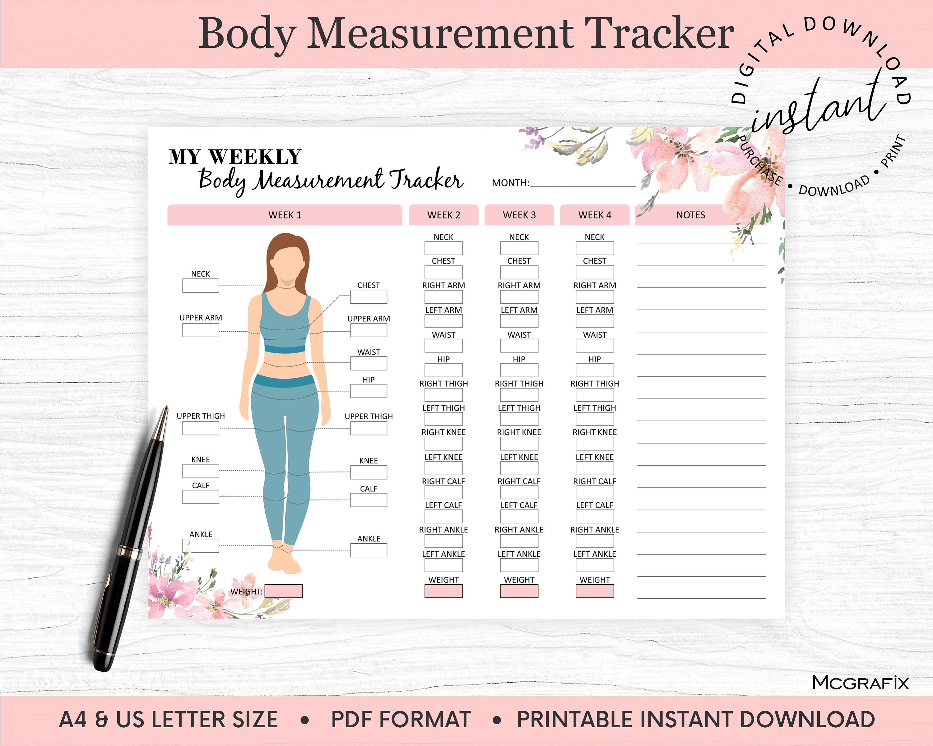 Weight Loss Tracker Printable Body Measurement Tracker Fitness Tracker ...