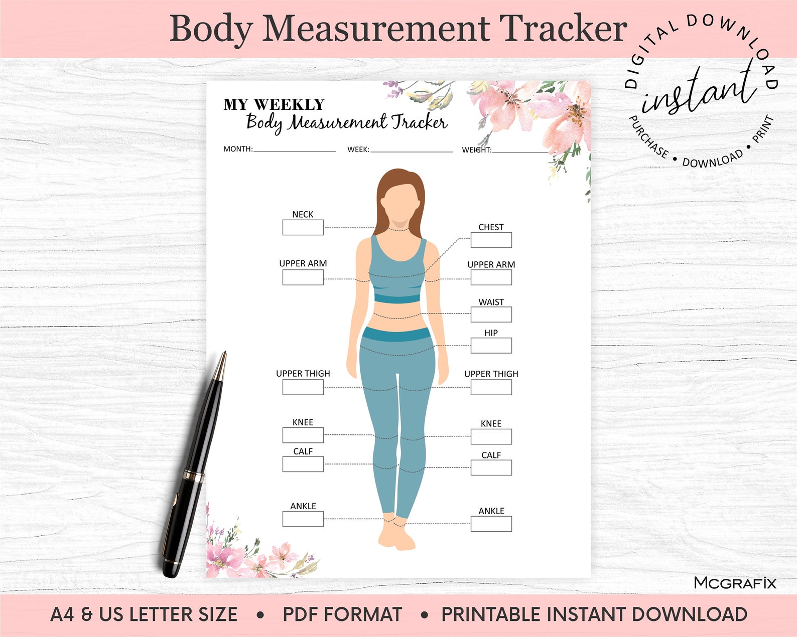 Weight Loss Tracker Printable Body Measurement Tracker Fitness Tracker ...