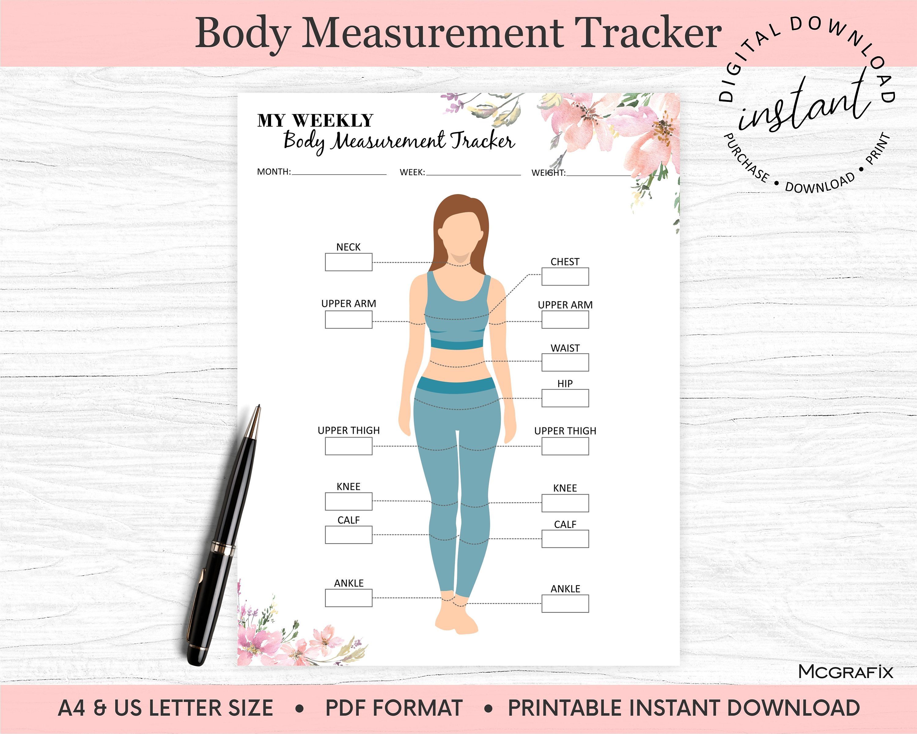 Weight Loss Tracker Printable Body Measurement Tracker Fitness Tracker ...