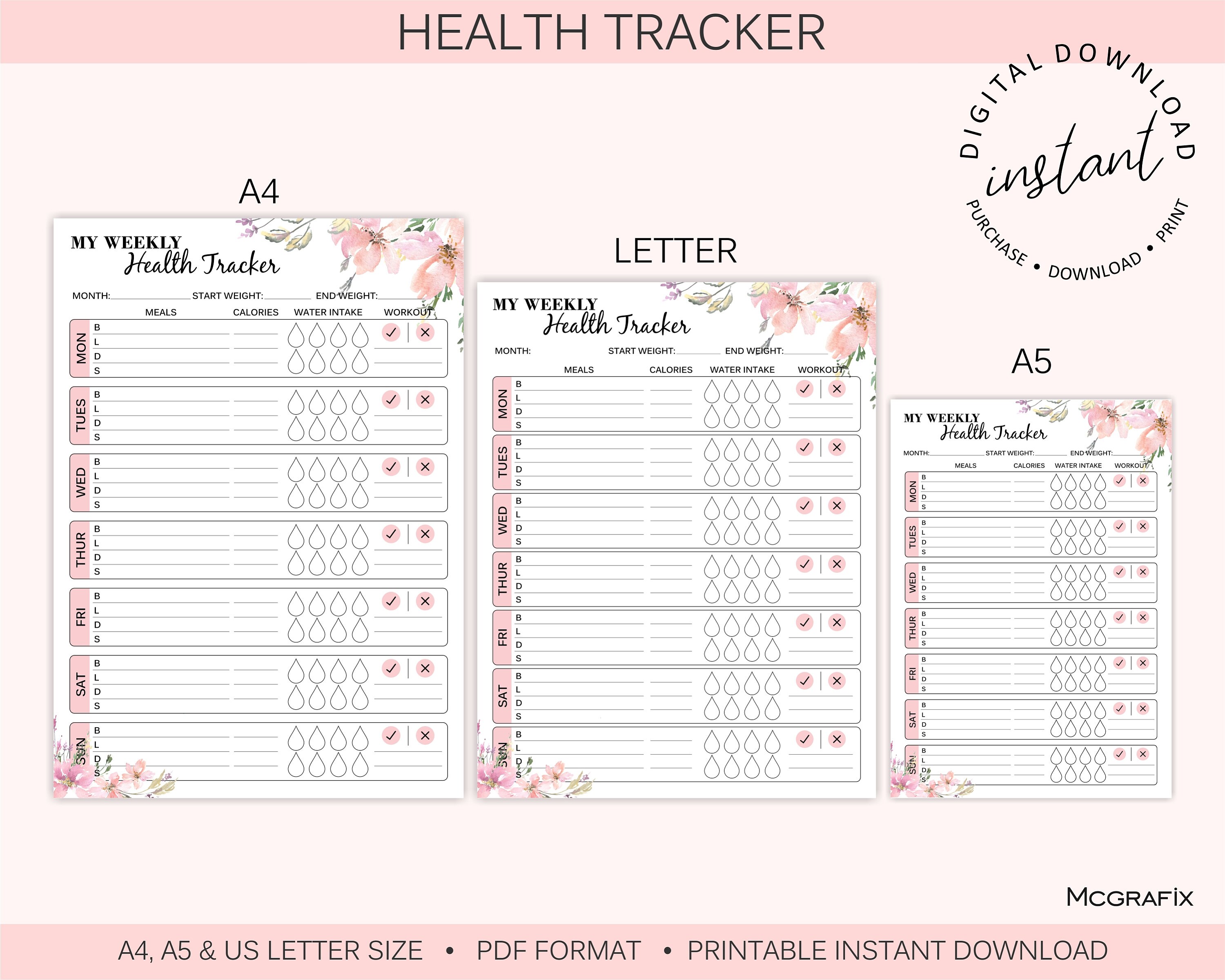 Flower Health Tracker Printable Wellness Tracker Fitness Tracker Food ...