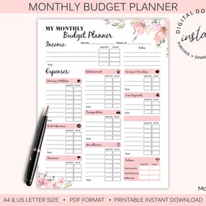 Flower Monthly Budget Planner Printable  Budget Tracker Printable  Financial Planner  Monthly Budget  Budget Template  Instant Download
