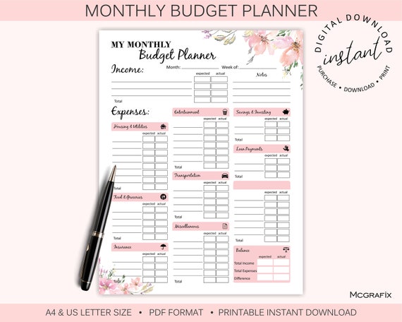 Flower Monthly Budget Planner Printable  Budget Tracker Printable  Financial Planner  Monthly Budget  Budget Template  Instant Download