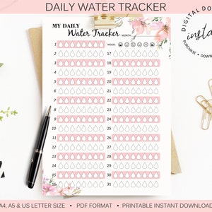 Flower Daily Water Tracker Printable  Monthly Water Tracker  Water Intake Tracker  Health Tracker  Water Diary  INSTANT DOWNLOAD