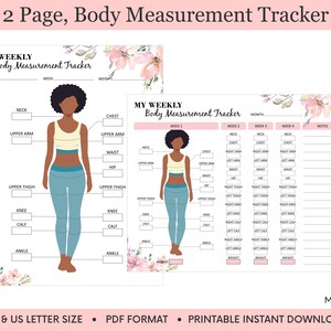 Könnte beinhalten: Druckbarer zweiseitiger Körpermaß-Tracker mit floralem Design. Der Tracker enthält Abschnitte zur Aufzeichnung von Messungen für Hals, Brust, Oberarm, Taille, Hüfte, Oberschenkel, Knie, Wade und Knöchel. Der Tracker enthält auch Abschnitte zur Aufzeichnung von Messungen für jede Woche.