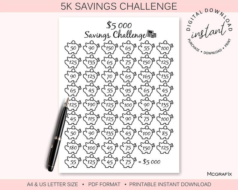 5K Money Saving Challenge Printable 5K Savings Challenge - Etsy Ireland