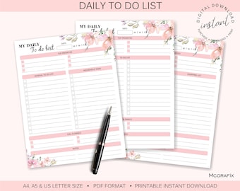 Lista de tareas diarias imprimible de flores Lista de tareas diarias imprimible Lista de tareas Planificador de productividad Insertar planificador Descarga instantánea
