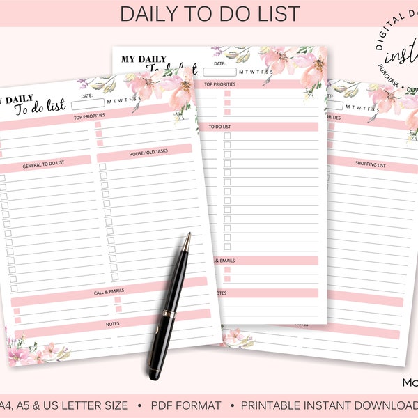 Flower Daily To Do List Printable | Daily To Do List Printable | To Do List | Productivity Planner | Planner Insert | Instant Download